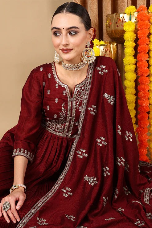 Maroon Silk Blend Embroidered Anarkali Style Suit Set for Diwali/Festive Wear