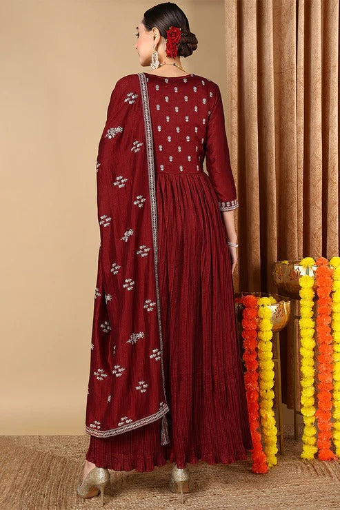 Maroon Silk Blend Embroidered Anarkali Style Suit Set for Diwali/Festive Wear