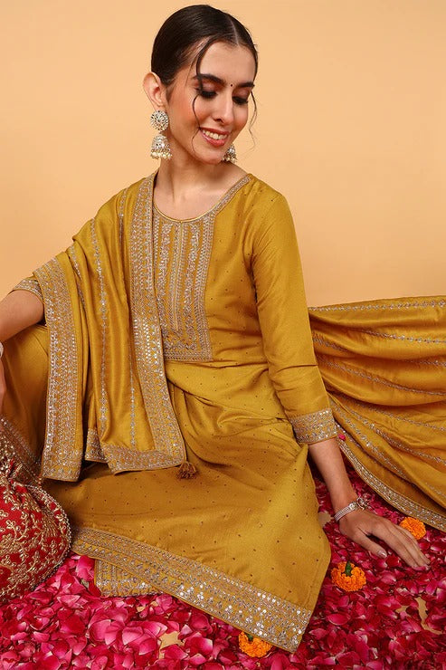 Mustard Silk Blend Suit Set for Diwali/Festive Wear