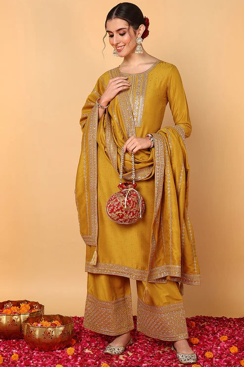 Mustard Silk Blend Suit Set for Diwali/Festive Wear