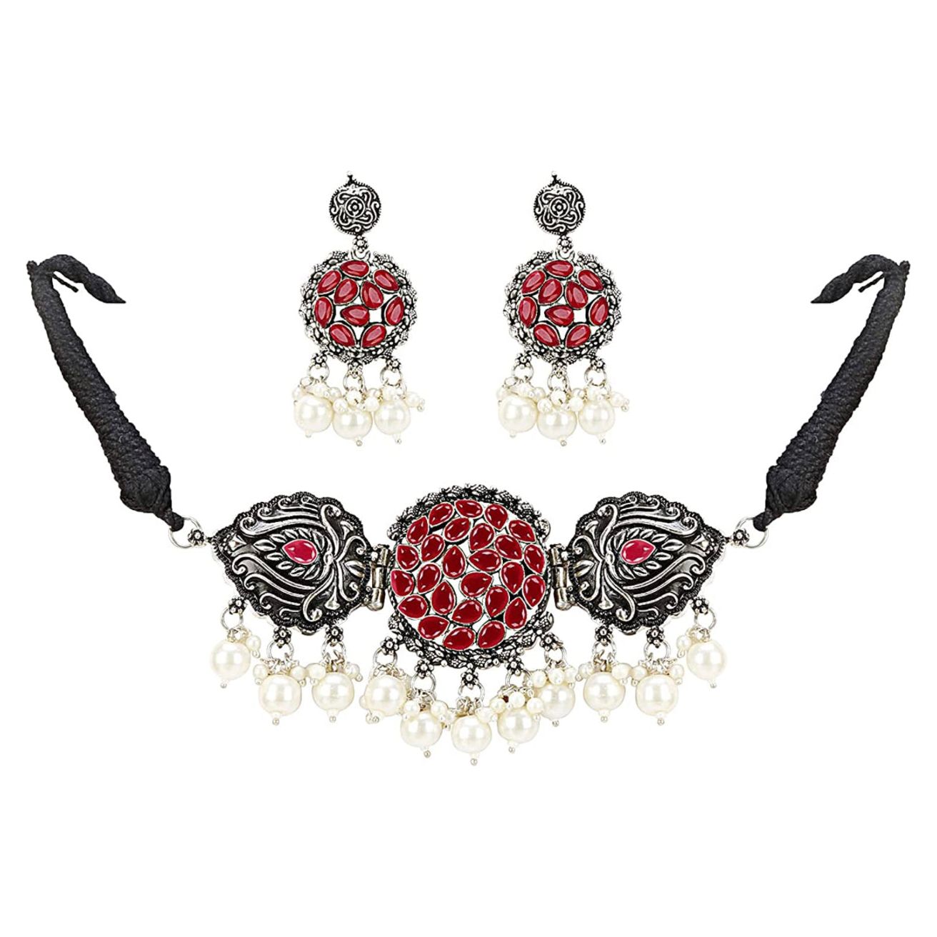 Afghani Style Pearl and Red Stone Oxidized Jewelry Set