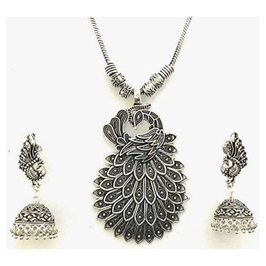 Oxidized Peacock Pendant Chain with Earrings for Women
