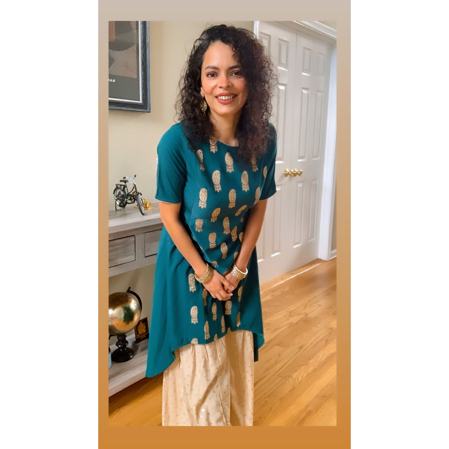 High Low Teal Green and Gold Prints Kurta for Women