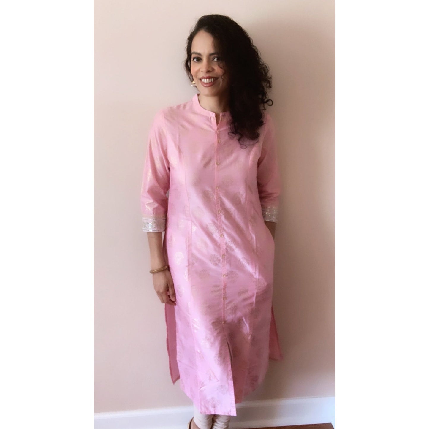Pink and Gold Cotton Silk Kurta/Kurti for Women