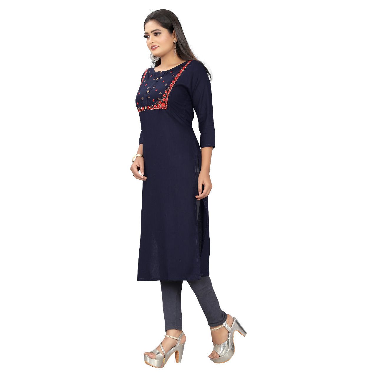 Midnight Blue Floral Yolk neck Embroidered Tunic Top for Women