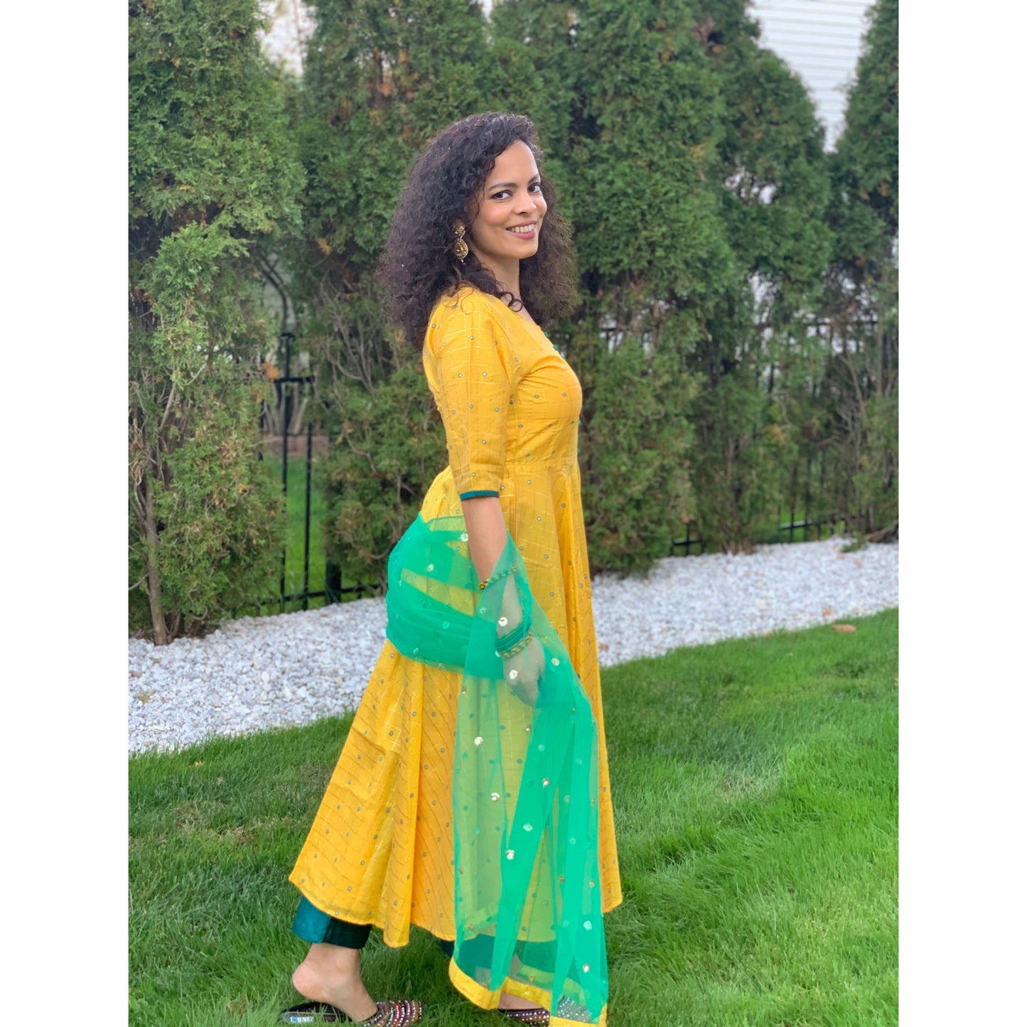 Yellow and green Anarkali Kurta set with green pants and a gorgeous net dupatta. Traditional Kurta set for festivals or weddings.
