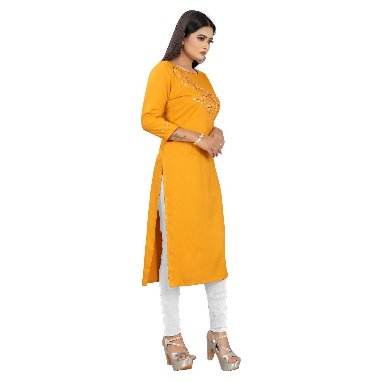 Daffodil Yellow Mirror Work Embroidered Indian Tunic Top for Women