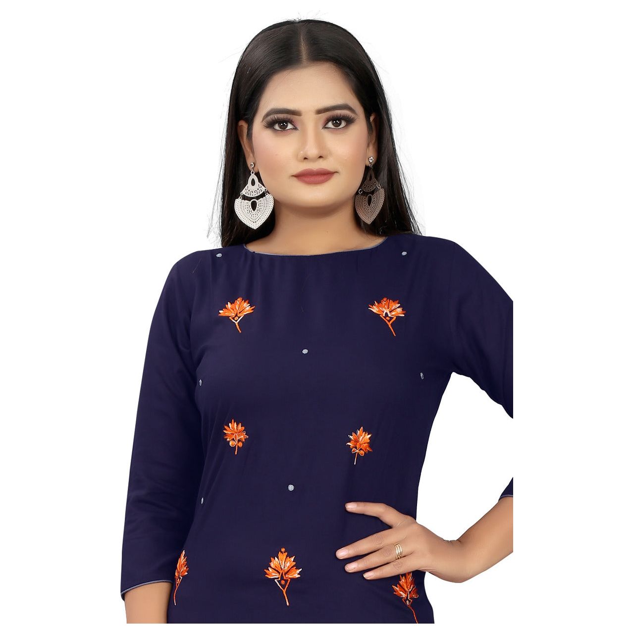 Indigo A line IndianTunic Top Kurta for women with All over Orange Floral Embroidery