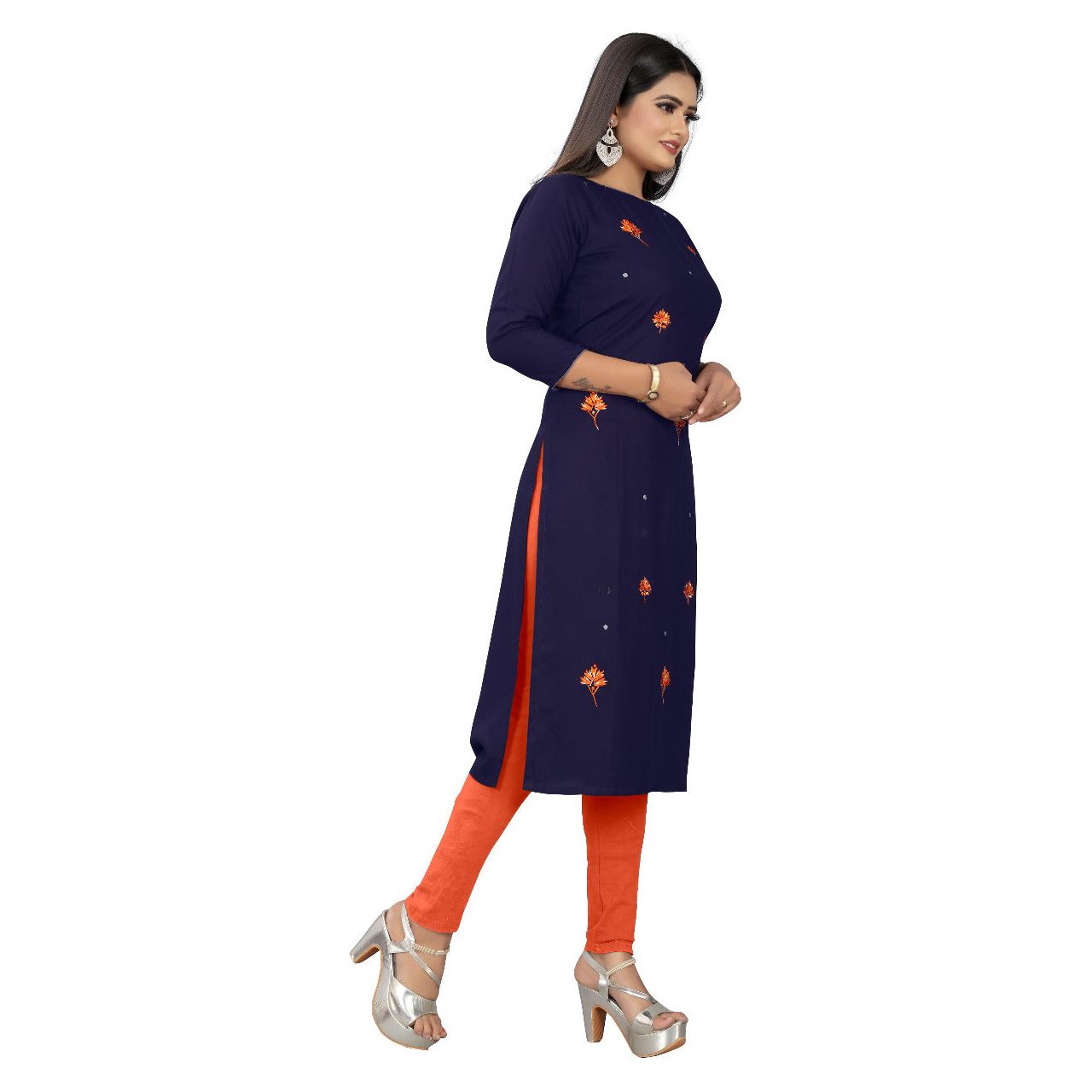 Indigo A line IndianTunic Top Kurta for women with All over Orange Floral Embroidery