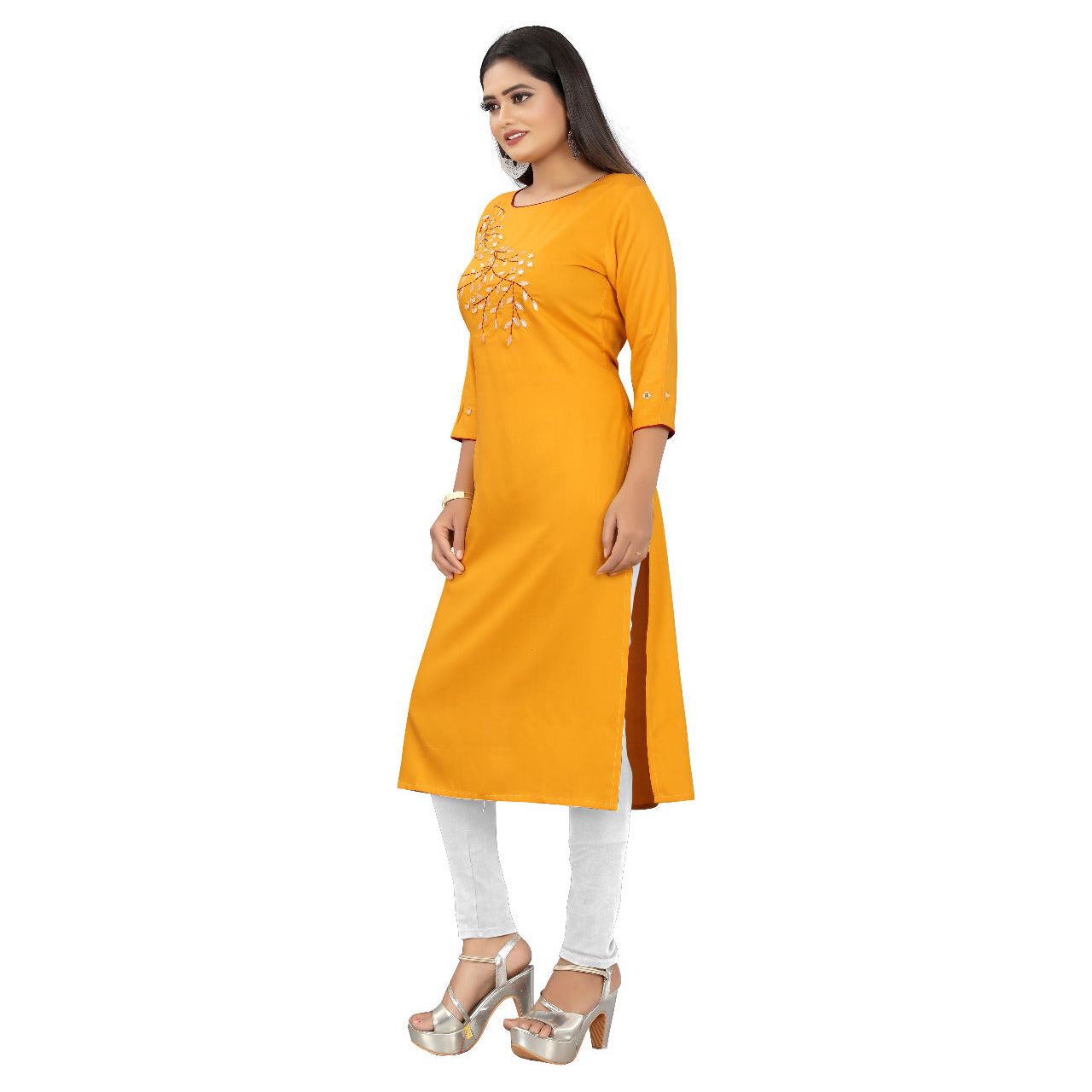 Daffodil Yellow Mirror Work Embroidered Indian Tunic Top for Women