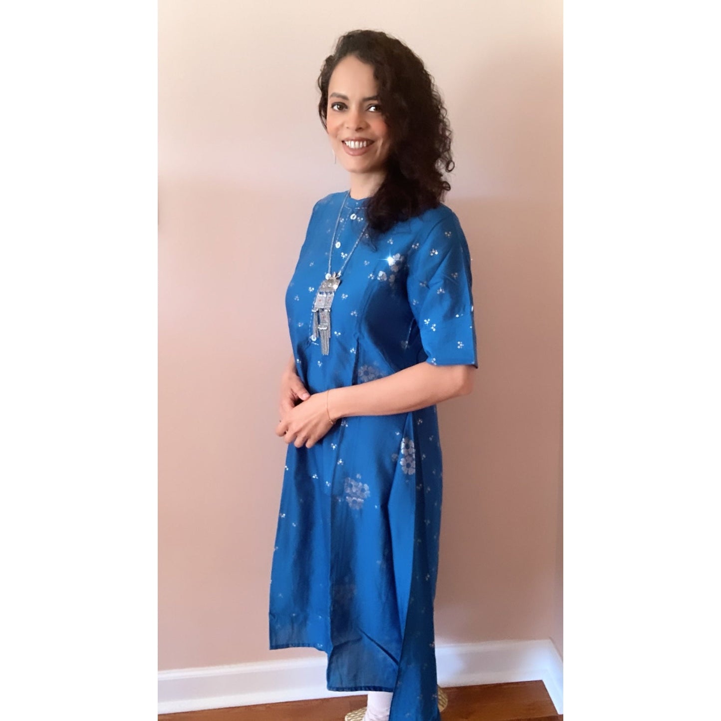 Blue and Silver Print Cotton Kurta for Women