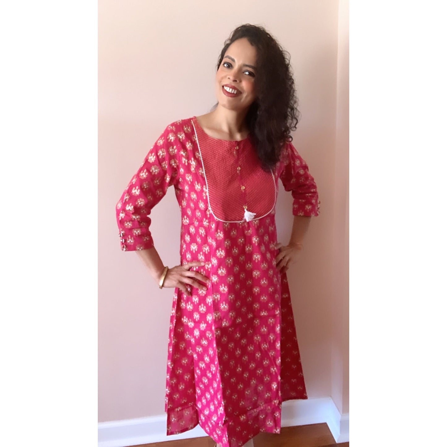 Pink and Gold Printed Cotton Kurta for Women