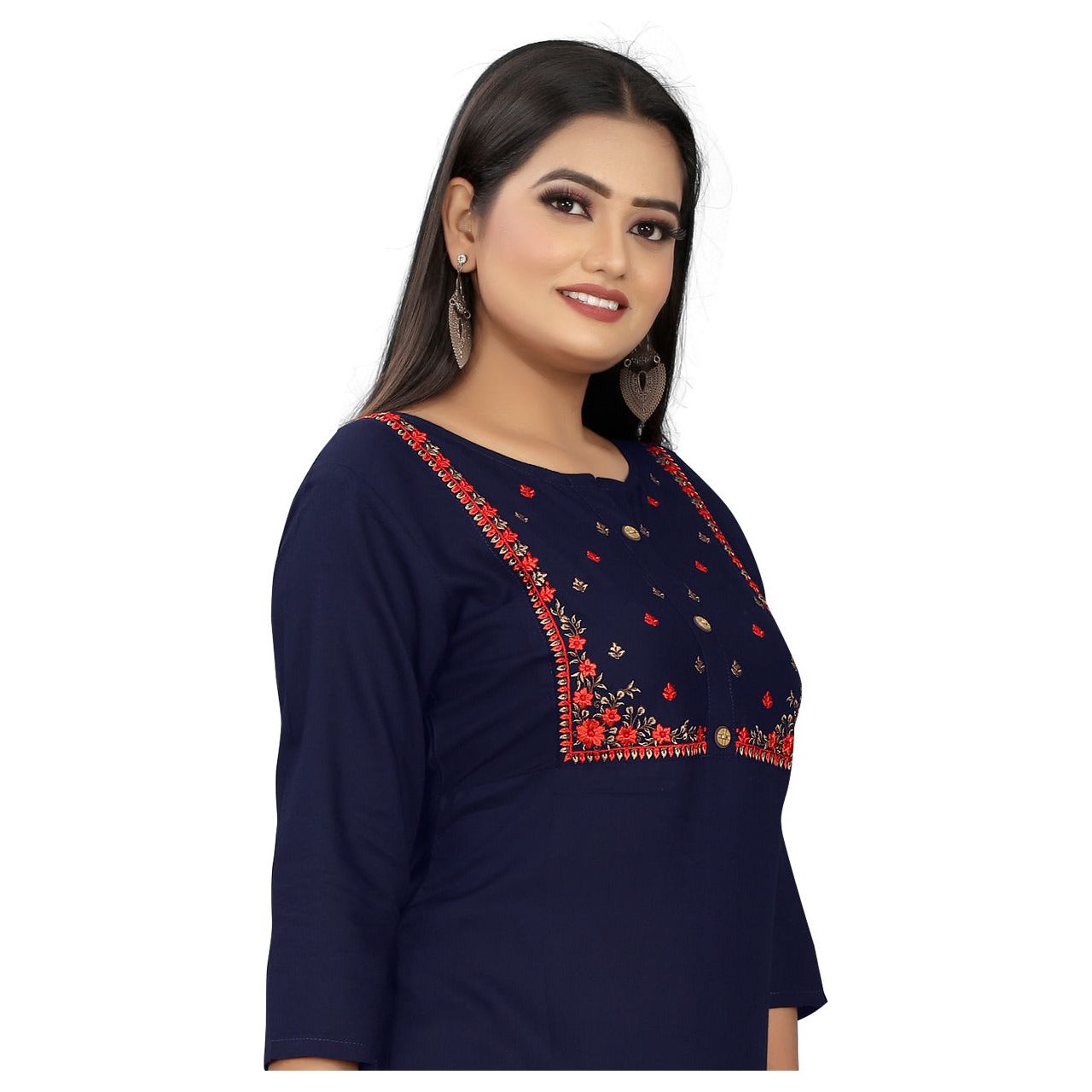 Midnight Blue Floral Yolk neck Embroidered Tunic Top for Women