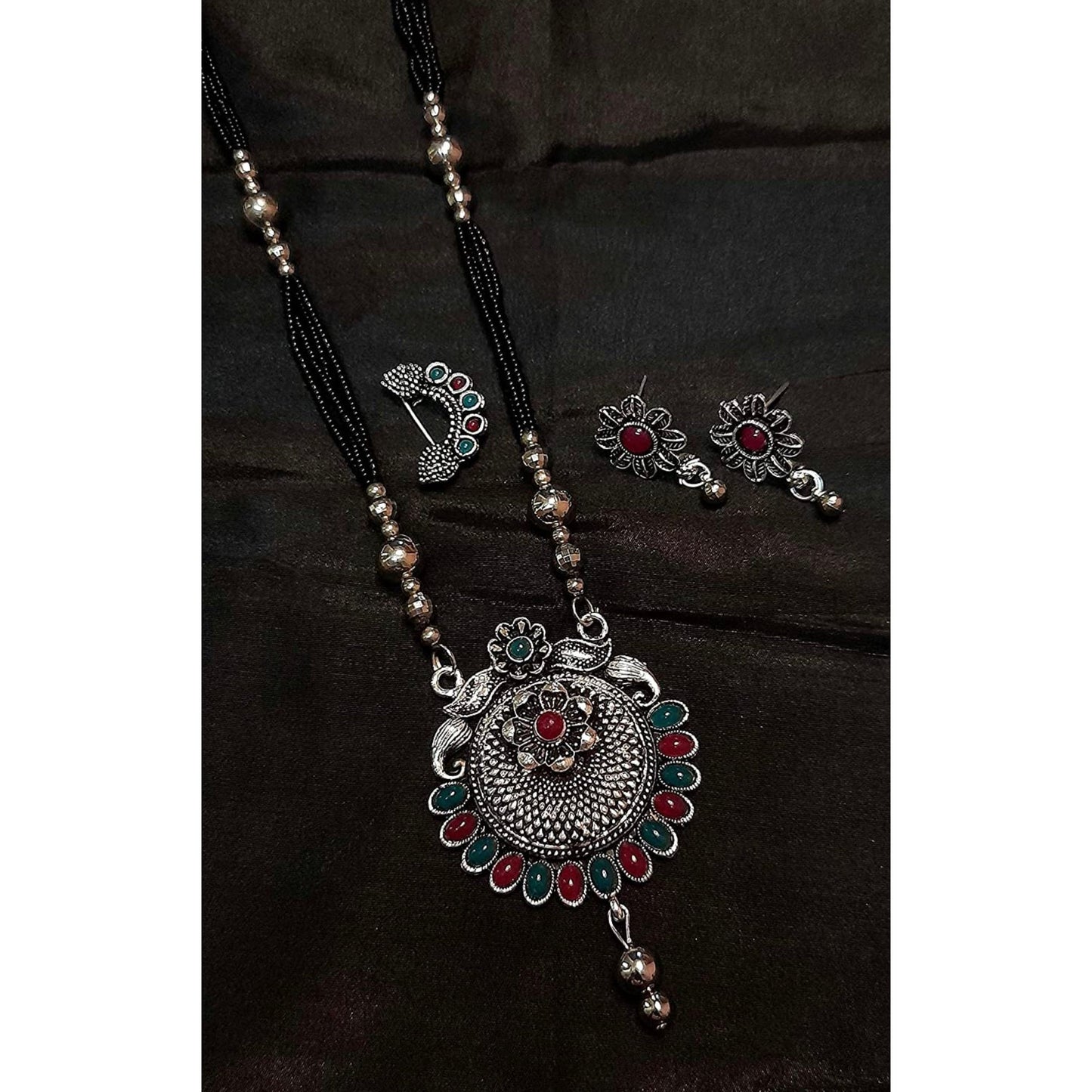 Black beads Oxidized Set With Earring And Nosepin Combo Jewellery Set