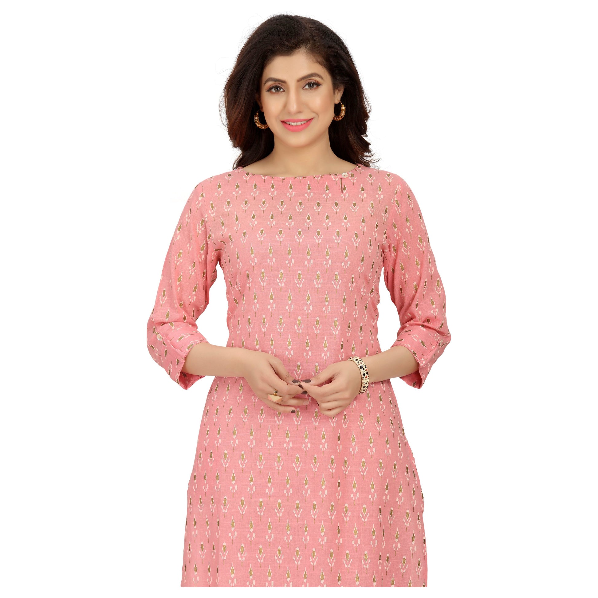 Pink kurta with pretty prints all over. 3/4th sleeves with gold details. Kurta is perfect for all occasions. 
