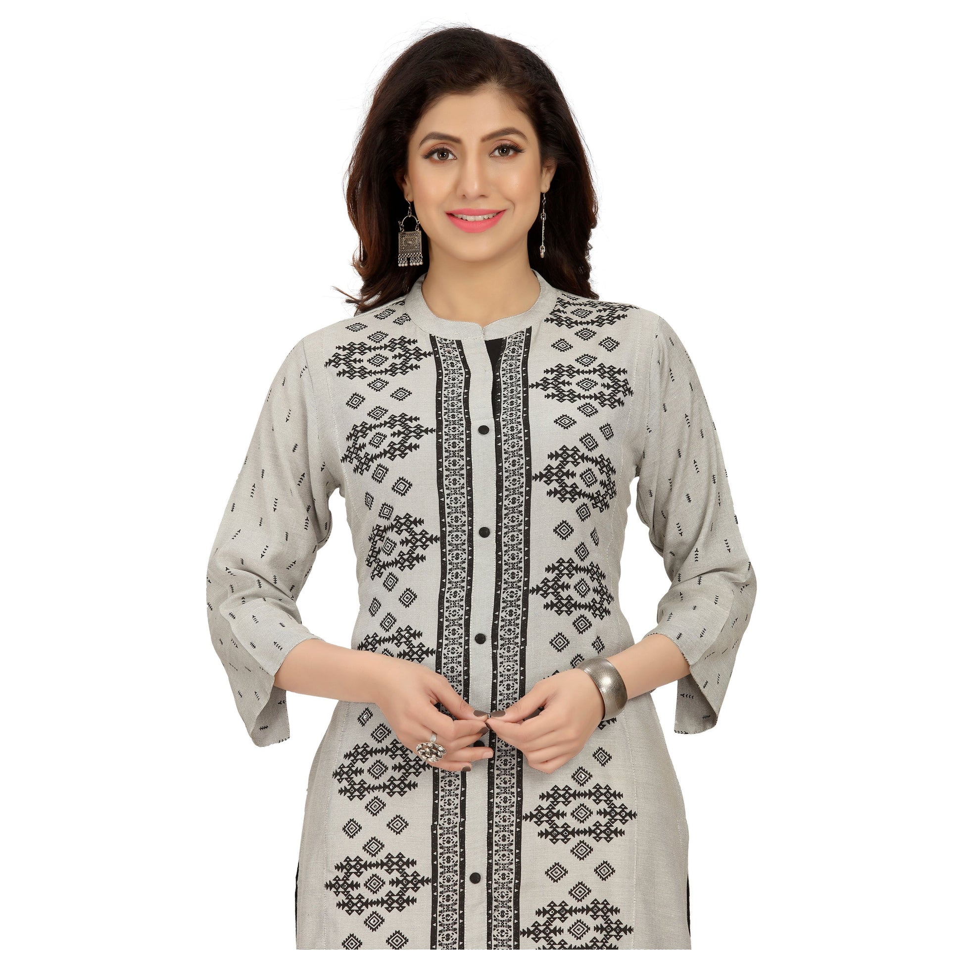 Grey and black prints kurta , elegant design and A line style for figure flattering finish. Trendy Indian wear kurti. 