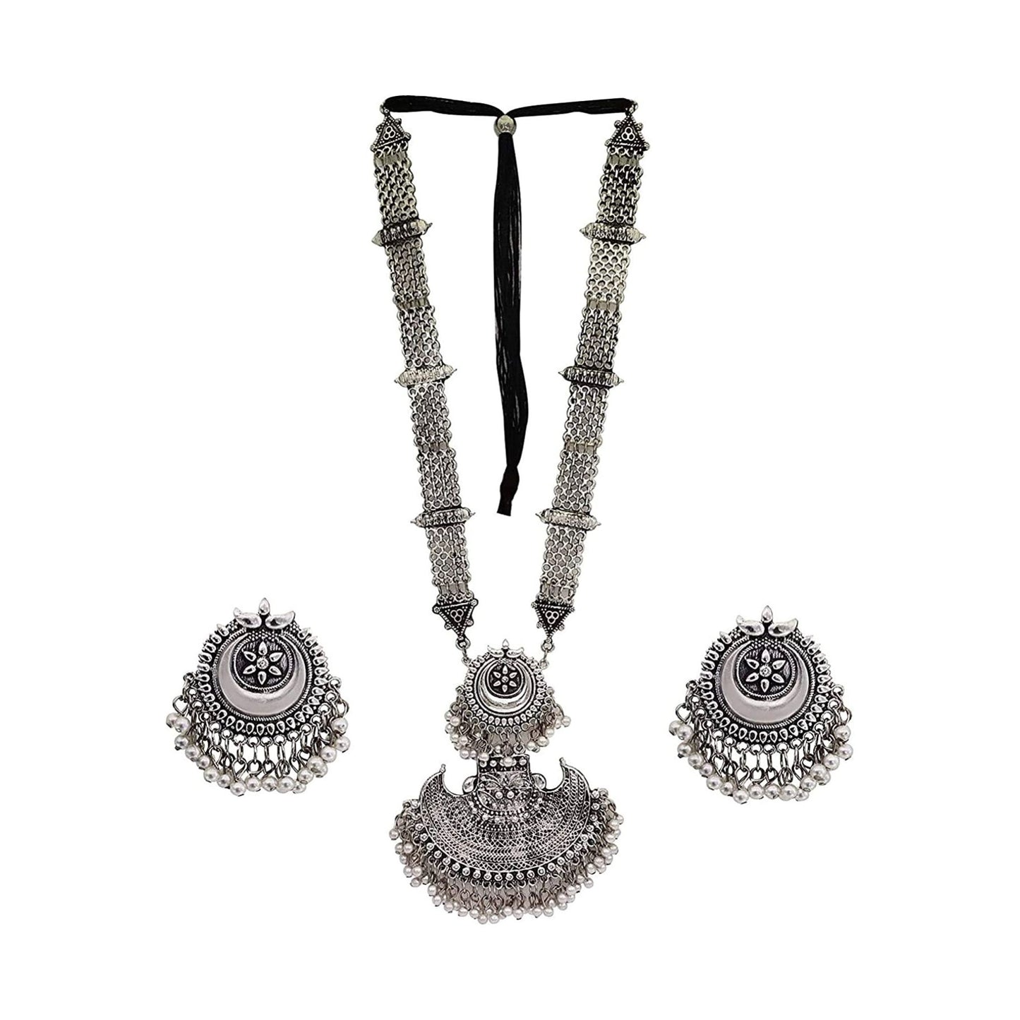 Oxidised Afghani Silver Long Necklace Set