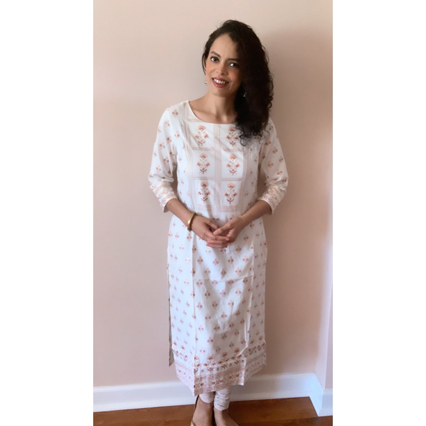 White with Peach and Gold Prints Kurta for Women