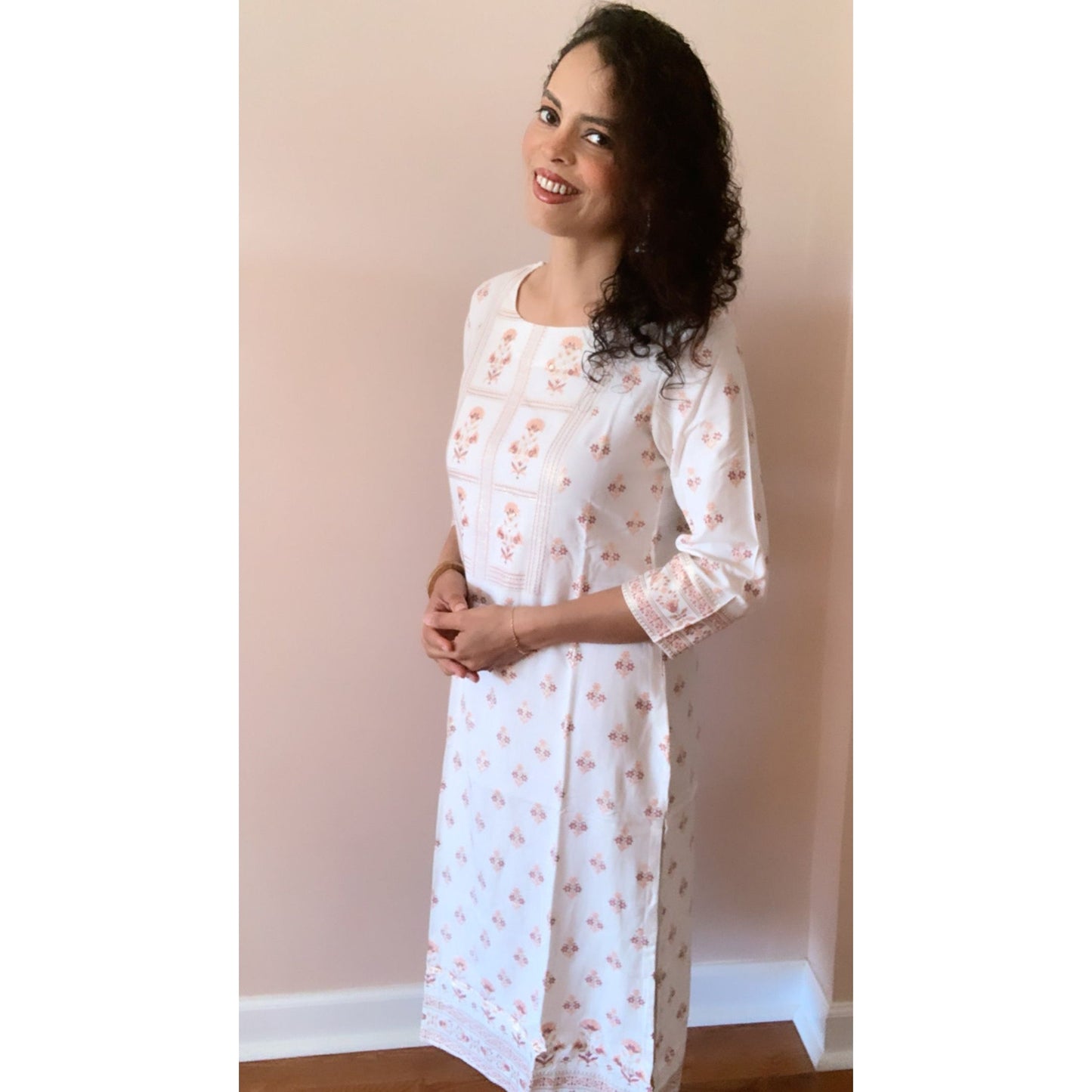 White with Peach and Gold Prints Kurta for Women