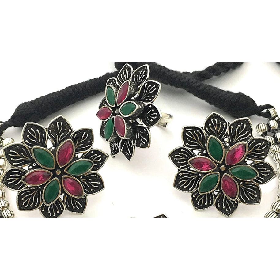 Oxidized Choker Set with Ring for Women