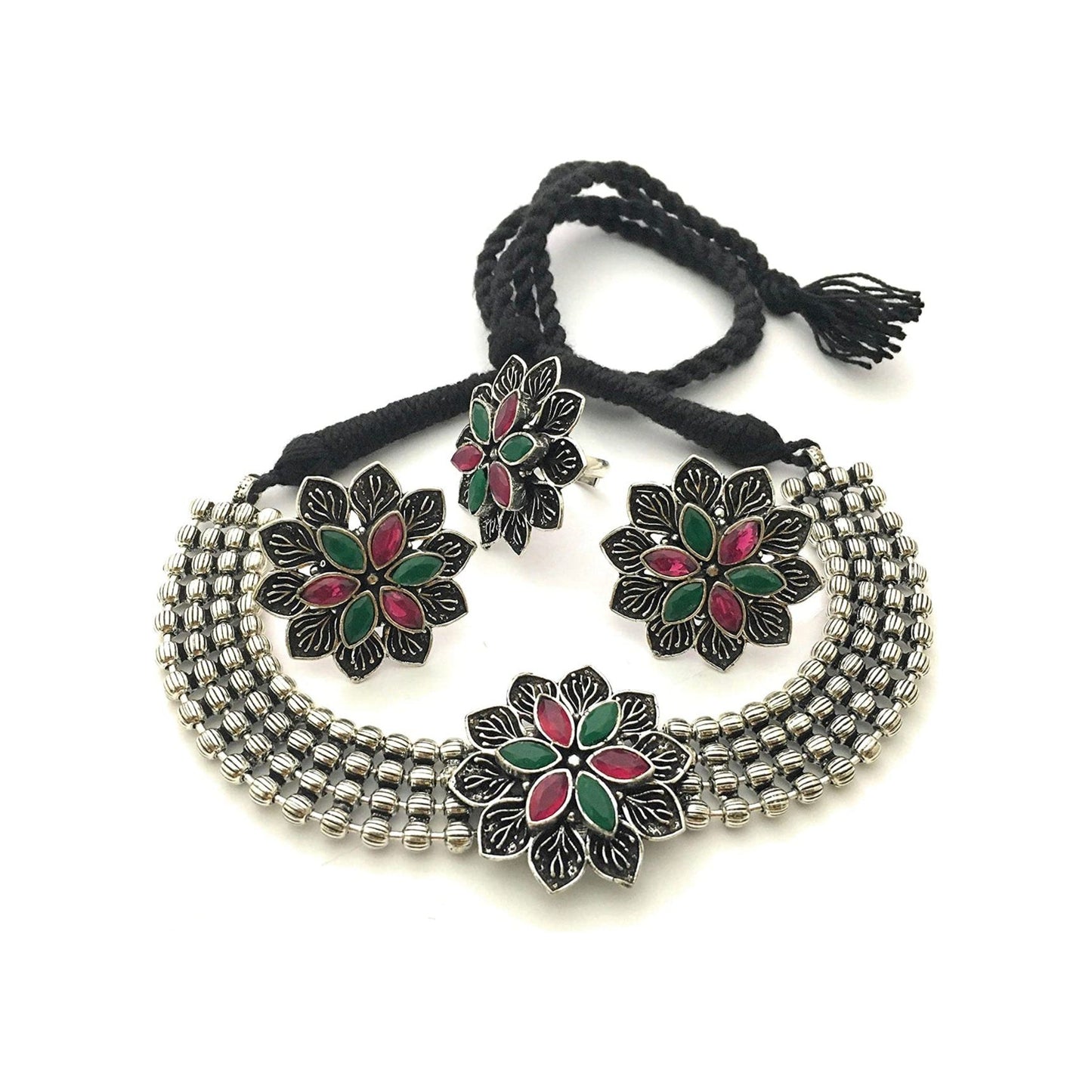 Oxidized Choker Set with Ring for Women