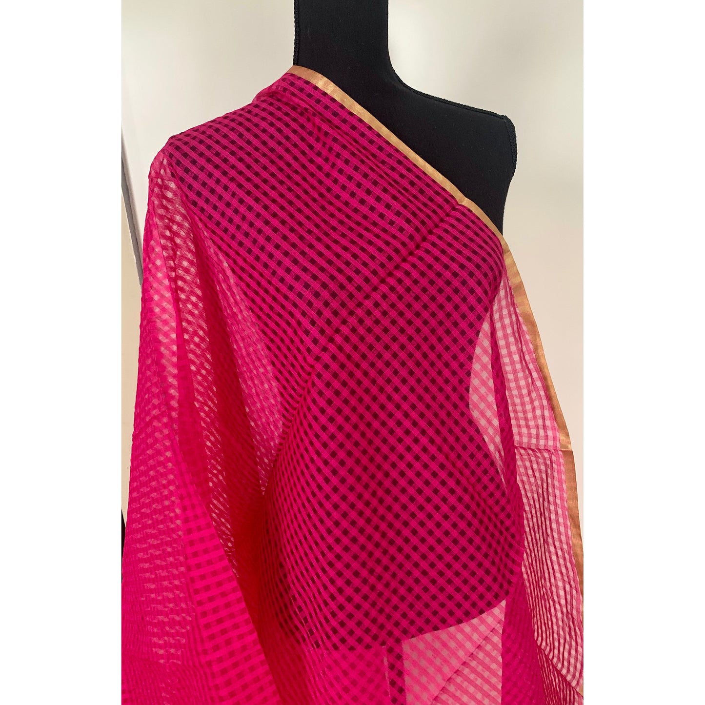 Pink Dupatta with Self Design and Gold Border