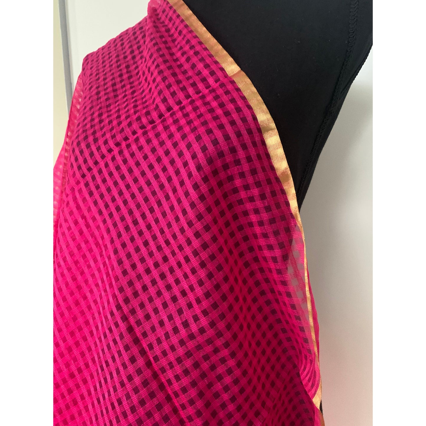 Pink Dupatta with Self Design and Gold Border