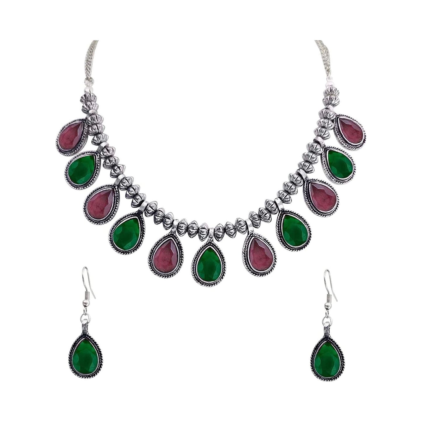 Green and Red Stones Silver Plated Set