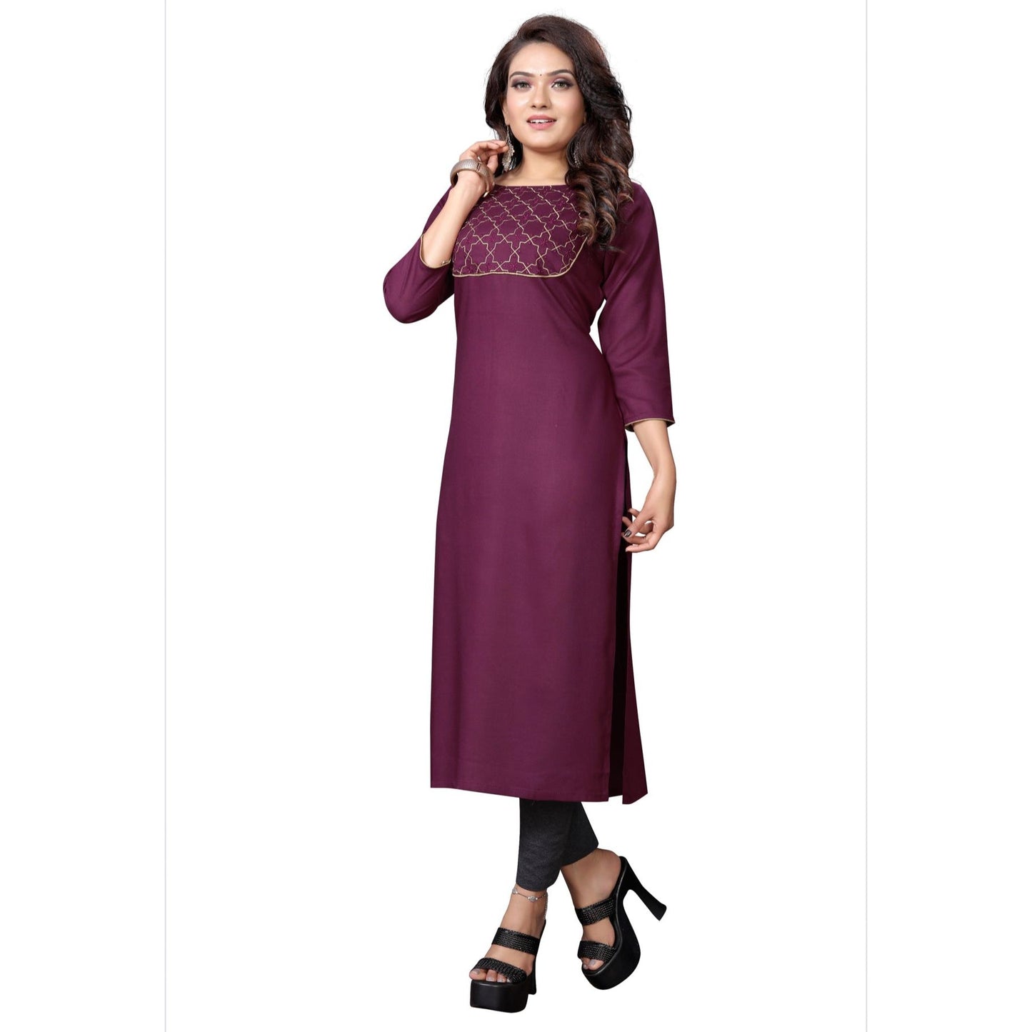 Plum colored Indian Tunic Top for women with Delicate Gold Piping