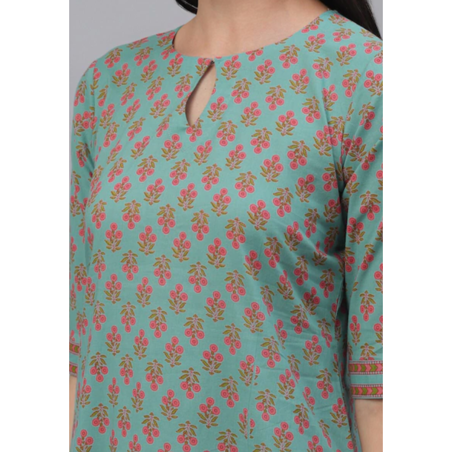 Cotton Kurta Set : Bottle Green Indian Kurta with pink floral prints and Trousers