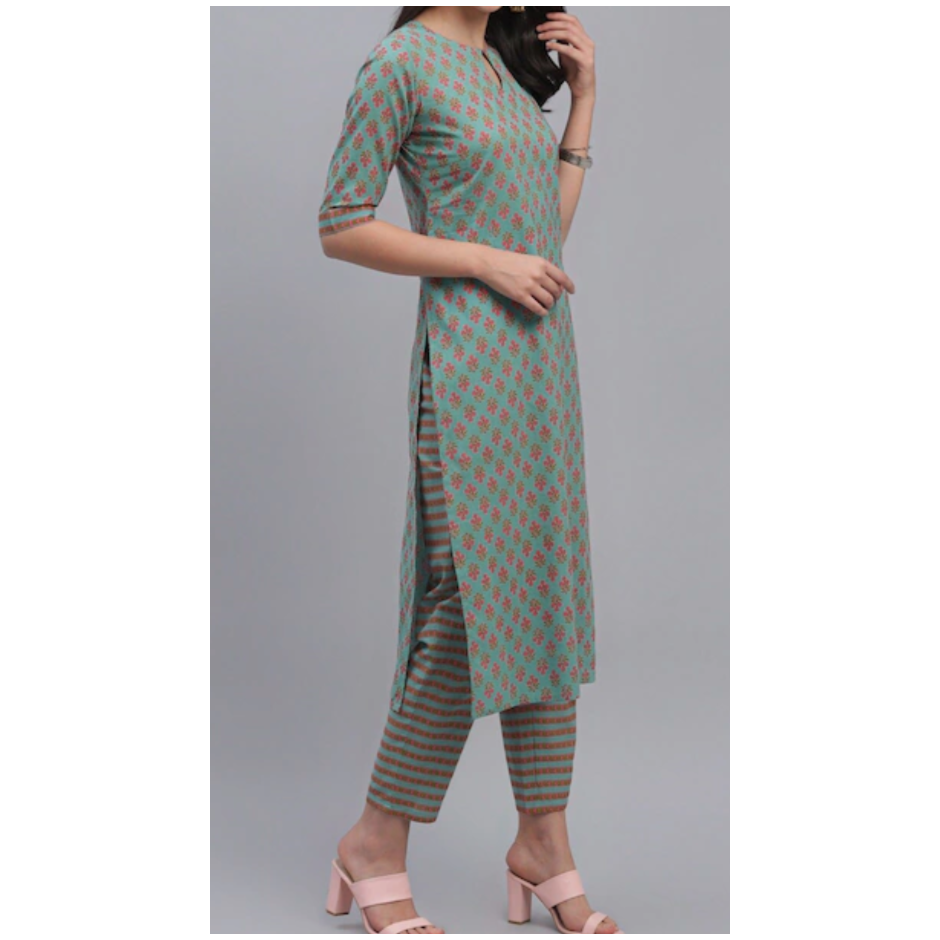 Cotton Kurta Set : Bottle Green Indian Kurta with pink floral prints and Trousers