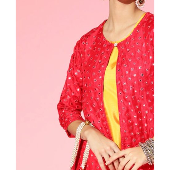 Bright and beautiful Yellow Kurta with matching bottoms, paired with a unique mirror work shrug. This Kurta set can be styled in multiple ways. Perfect for evening dinners , date night or a festive gathering. 