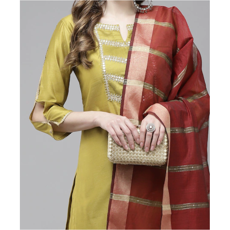 Beautiful Kurta Set for women. The indian kurti comes with a matching pant and red dupatta. Festive wear outfits for women. 