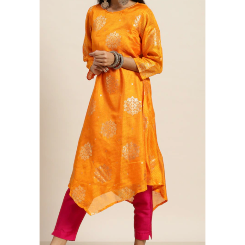 Yellow and maroon Kurta set for women with gold prints all over.Ethnic Indian wear, festive wear outfit. Kurta set includes pants. Stylish Indian wear for women.