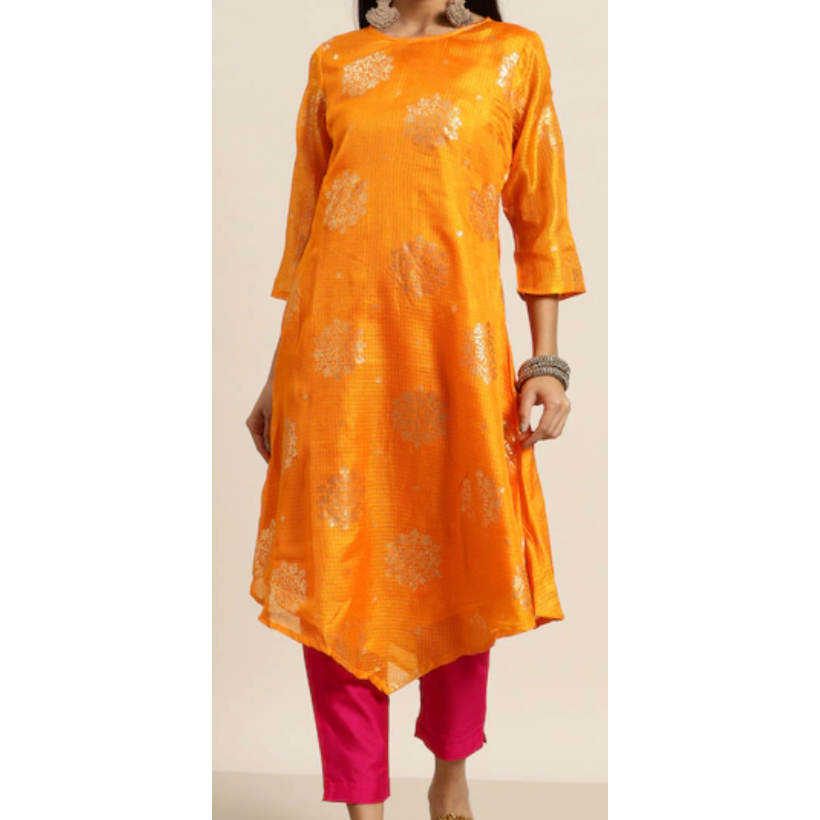 Mustard Yellow & Golden Ethnic Motifs Print Kurta with Trousers