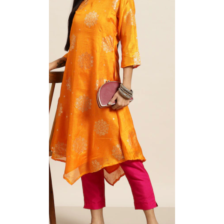 Mustard Yellow & Golden Ethnic Motifs Print Kurta with Trousers