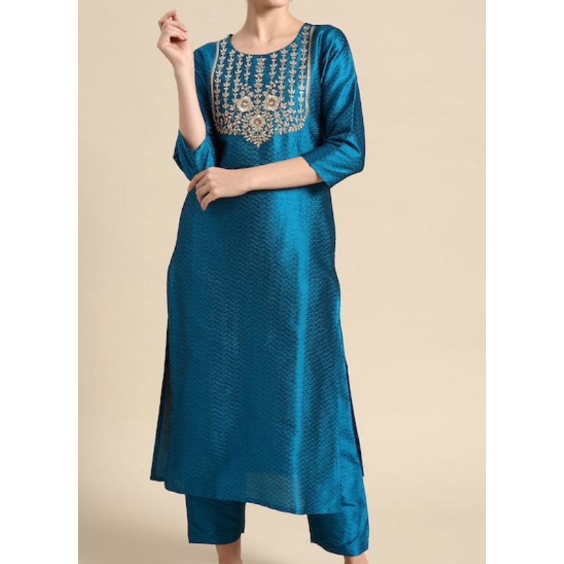 stunning blue and golden kurta set for women. Embroidered Kurti, silk blend, two piece set. Indian festive wear for diwali 