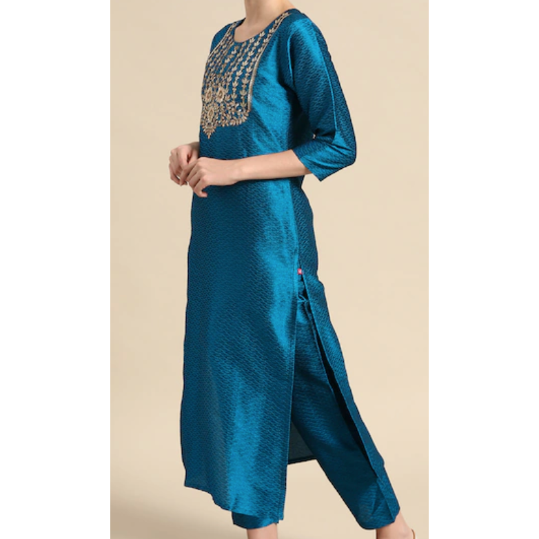 Blue and golden kurta festive wear kurta set for women. Silk blend indian traditional wear Kurti sets. 