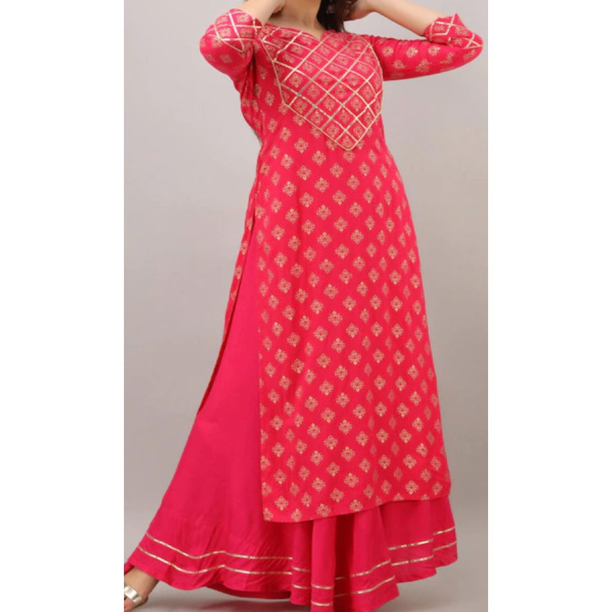 Pink with gold motifs Kurta with a skirt. The kurta has beautiful gold details and the skirt has an elastic waistband. Ideal for navaratri and dandiya. 