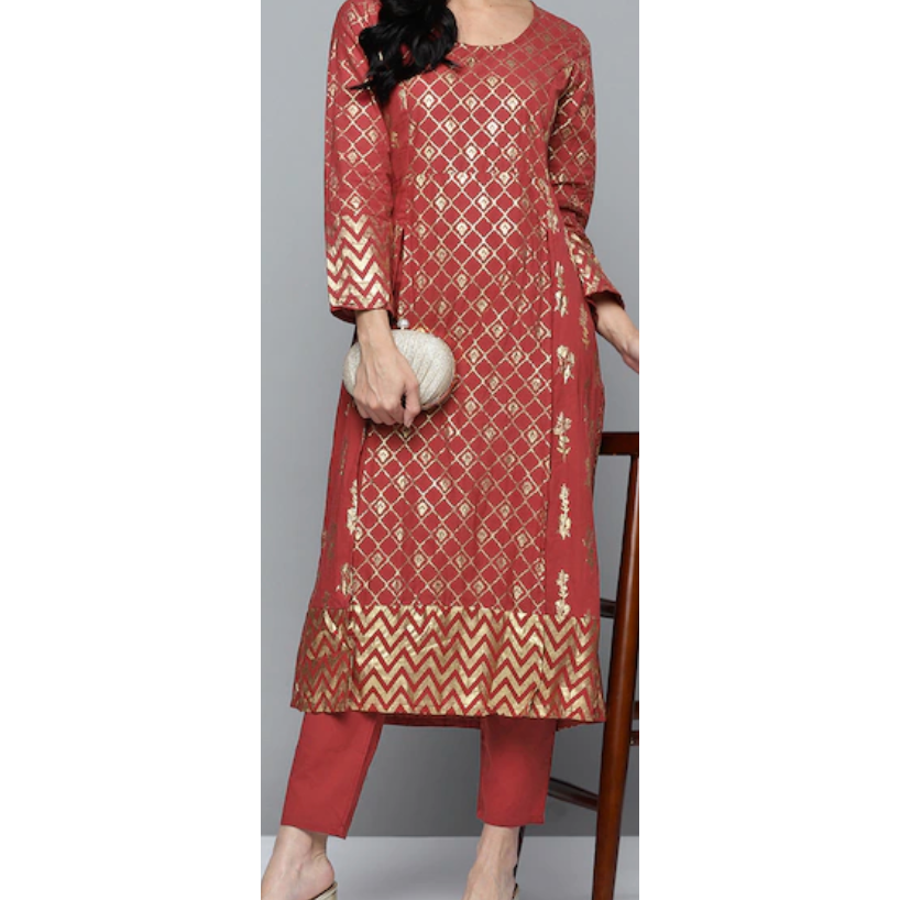 Rust Red & Golden Ethnic Printed Pure Cotton Kurta with Trousers