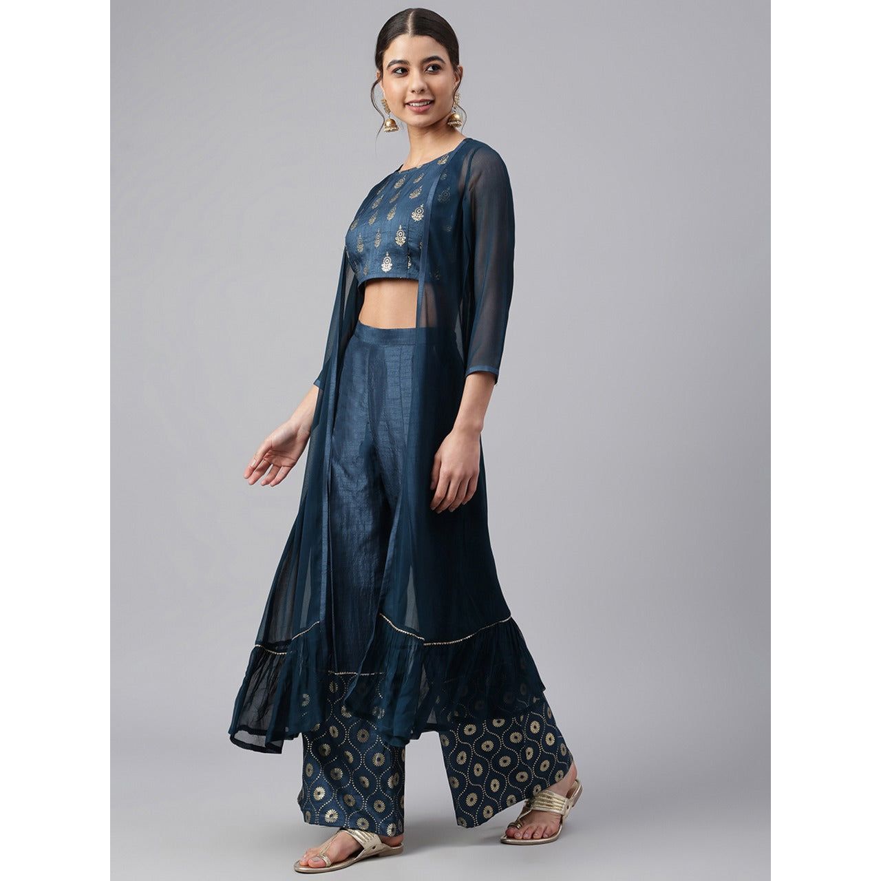 Versatile Crop Top with Palazzo Pants and Jacket Set for Women