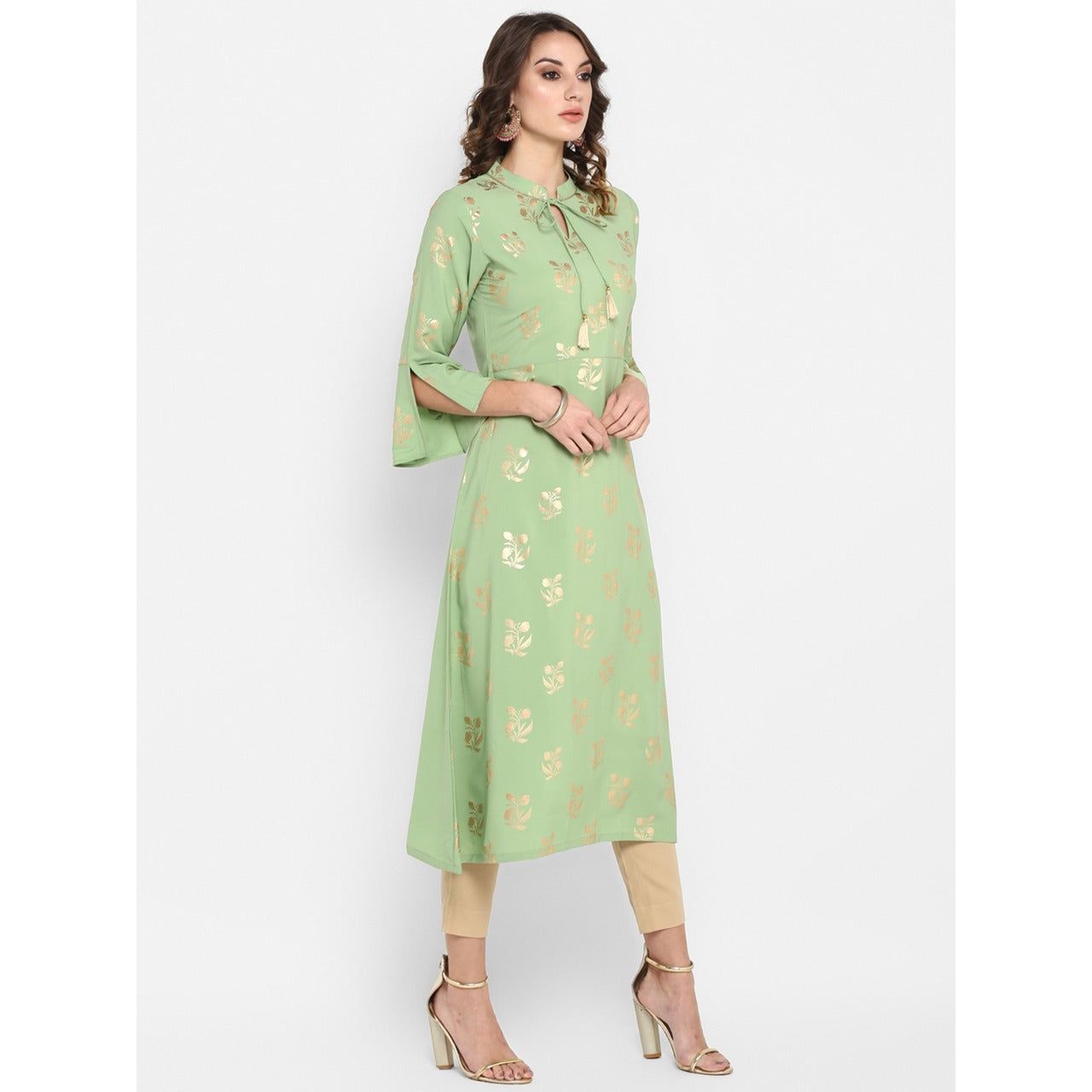 Light Green Poly Crepe with Gold Prints Kurrta/Tunic top for Women