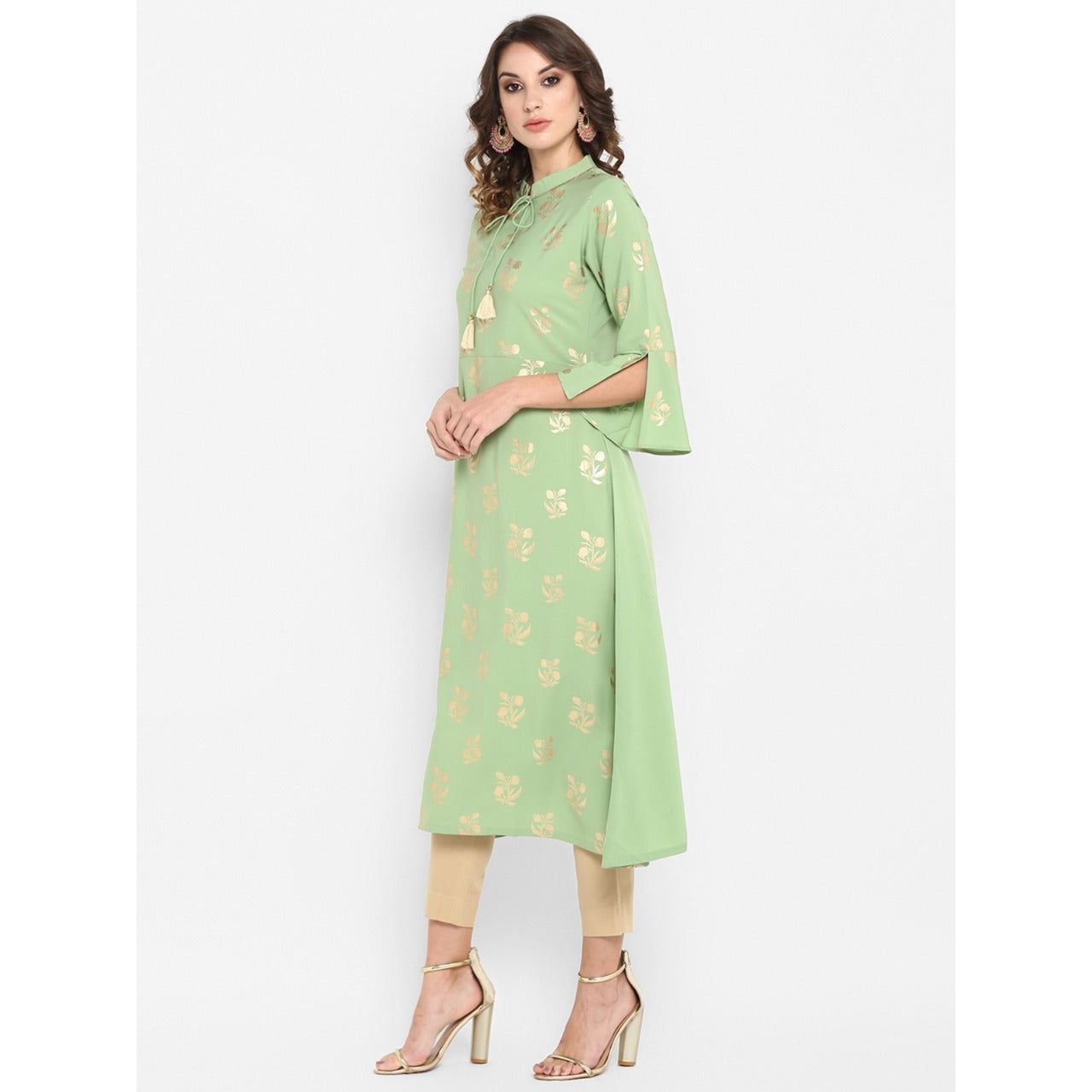 Light Green Poly Crepe with Gold Prints Kurrta/Tunic top for Women