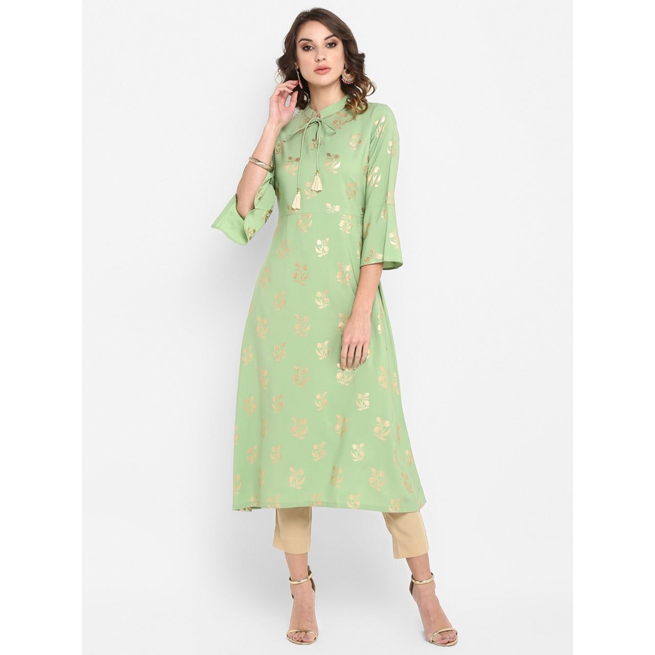 Light Green Poly Crepe with Gold Prints Kurrta/Tunic top for Women