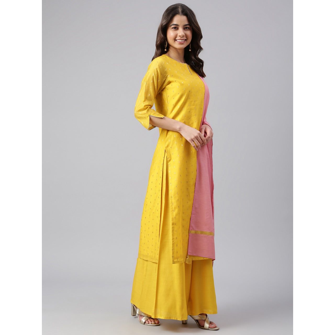 Yellow and Gold Prints Chanderi Silk Kurta Set for Women