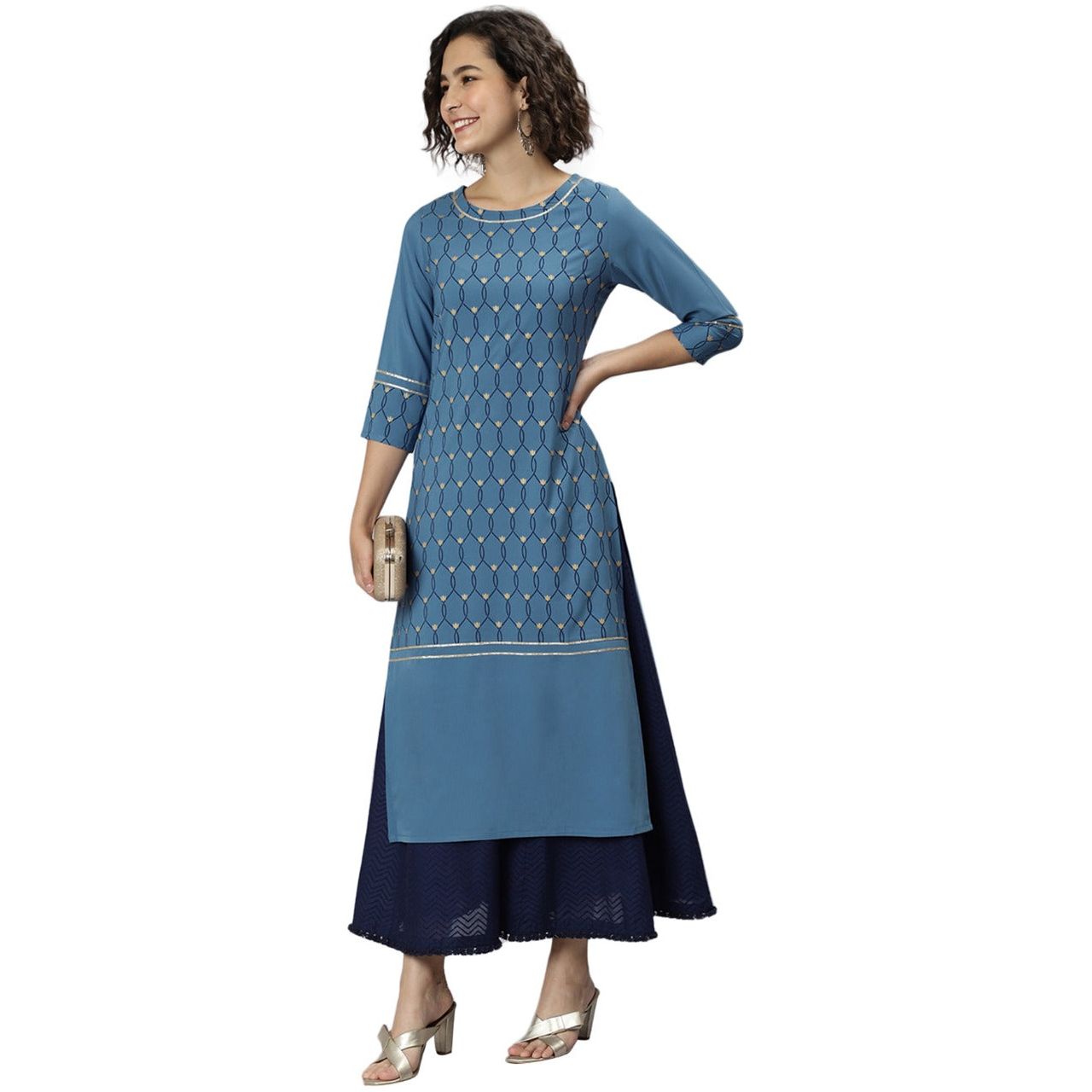 Printed Blue Crepe Kurta/Kurti for Women