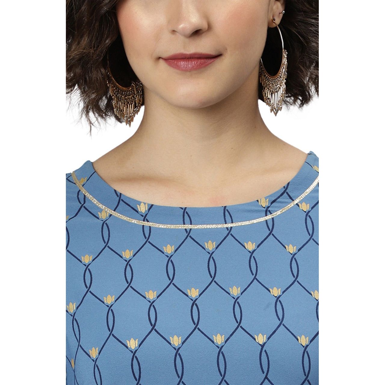 Printed Blue Crepe Kurta/Kurti for Women