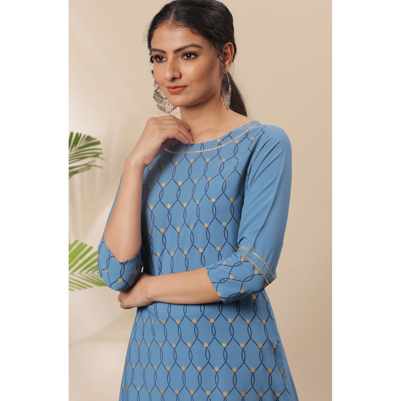 Printed Blue Crepe Kurta/Kurti for Women