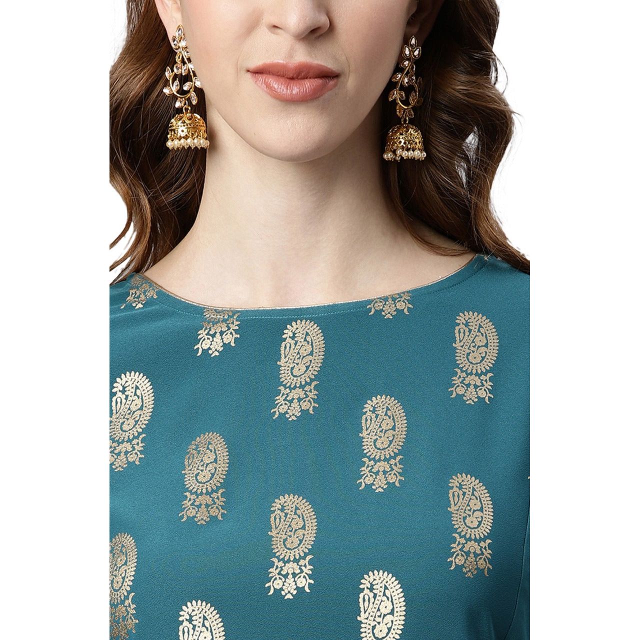 High Low Teal Green and Gold Prints Kurta for Women
